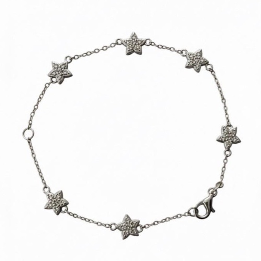 Sparkling Star Charm Bracelet Silver‎ Tone Cubic Zirconia Dainty Stackable